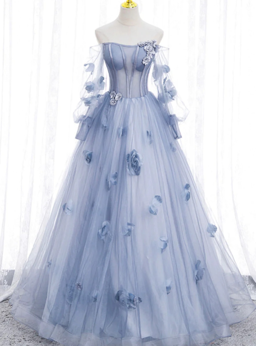 Dress For Formal Light Blue Tulle Ruffled Streapless Long Prom Dress / Stores With Prom Dresses