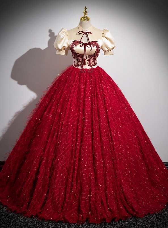 Ball Gown Quinceanera Dress Burgundy Beading Prom Dress With 3D Appliques OP728