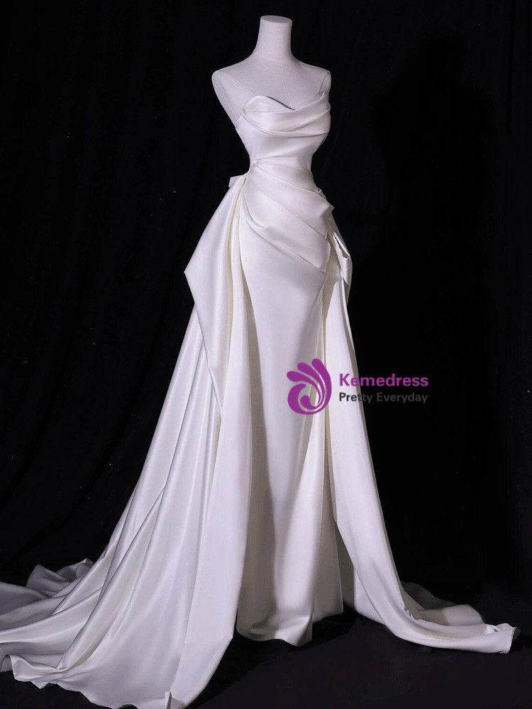 White Mermaid Satin Pleated Strapless Hi Low Pleats Wedding Dress Y8748 main image 0