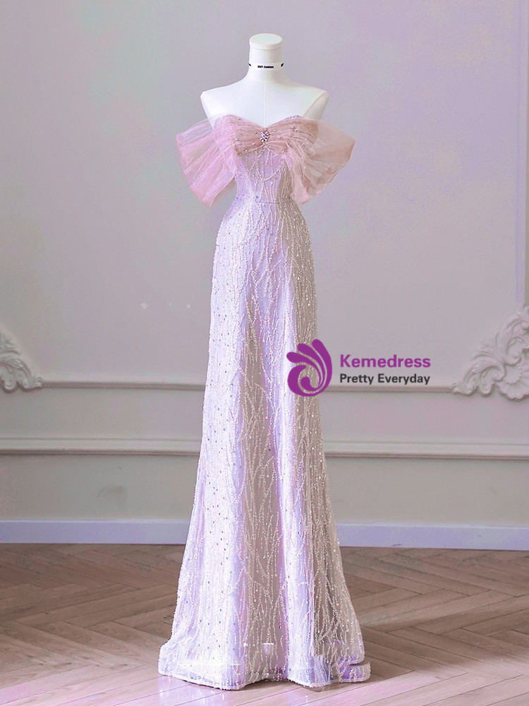 Pink Mermaid Tulle Sequins Off the Shoulder Prom Dress main image 0