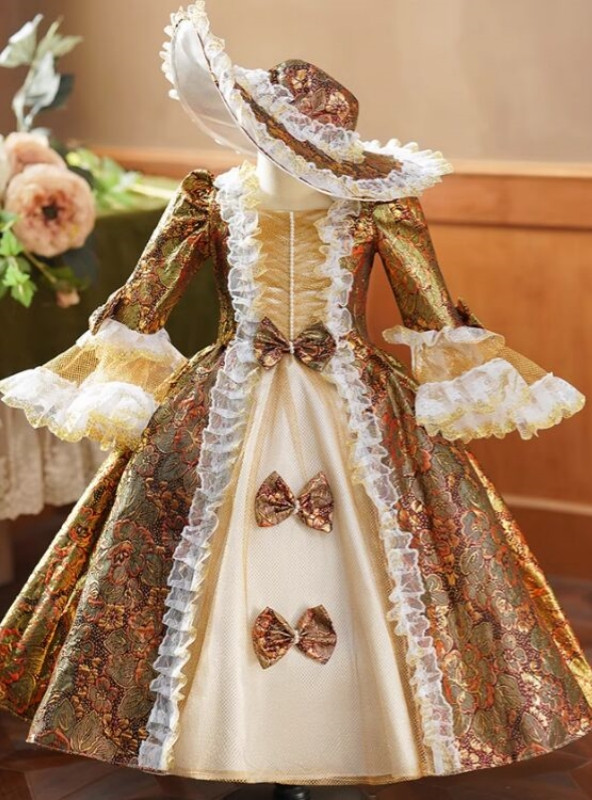 Blue Satin Print Long Sleeve Rococo Baroque Dress