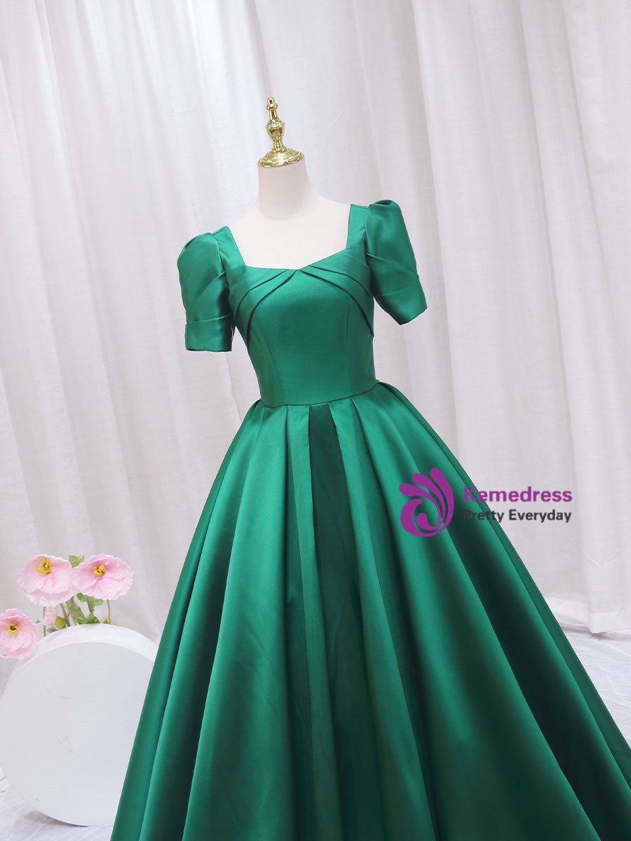 Long sleeved square neck satin green long formal evening gown