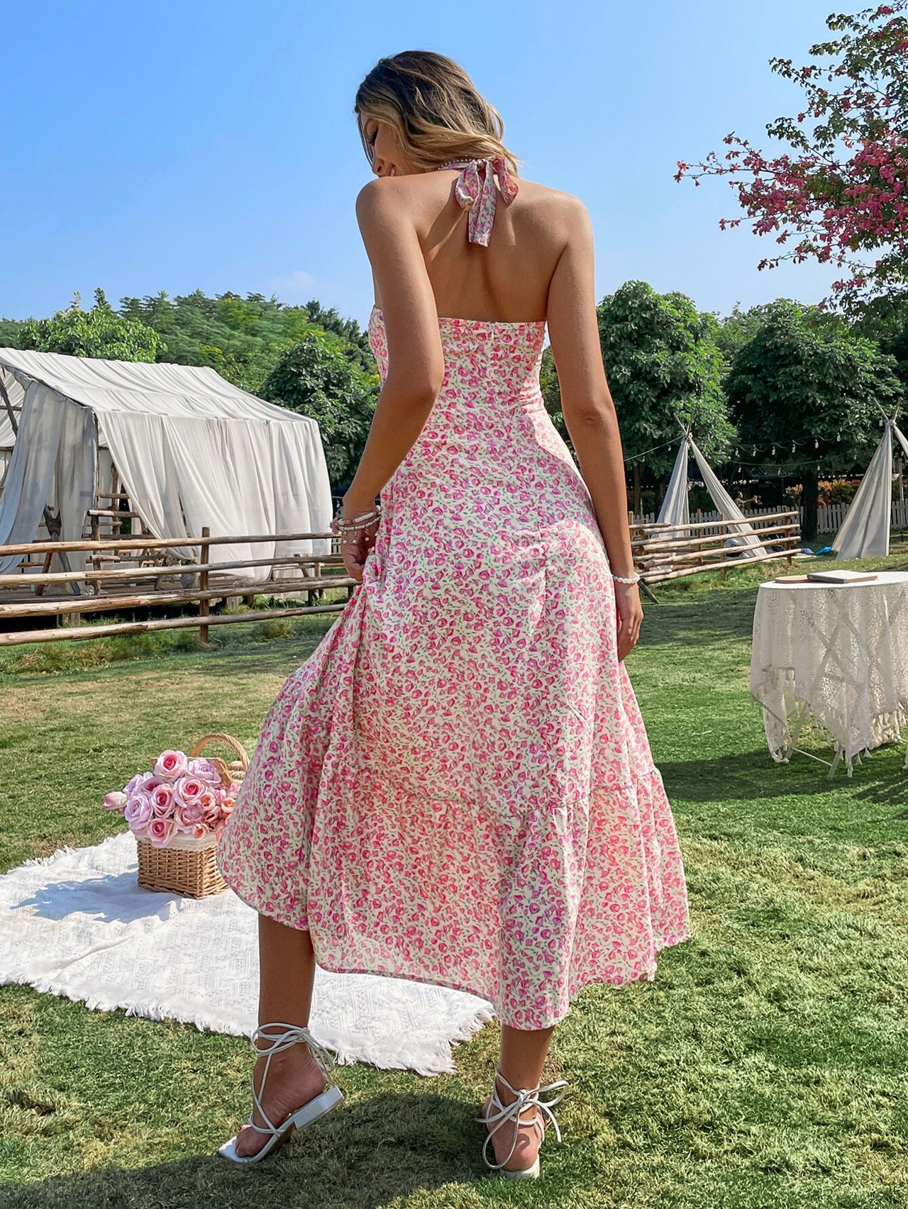 Sexy Floral Backless Asymmetrical Halter Irregular Dresses