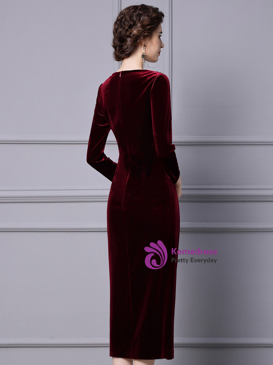 Lace Bodice V-Neck 3/4 Sleeves Long Mother Of The Bride Dress Burgundy Dress main image 1