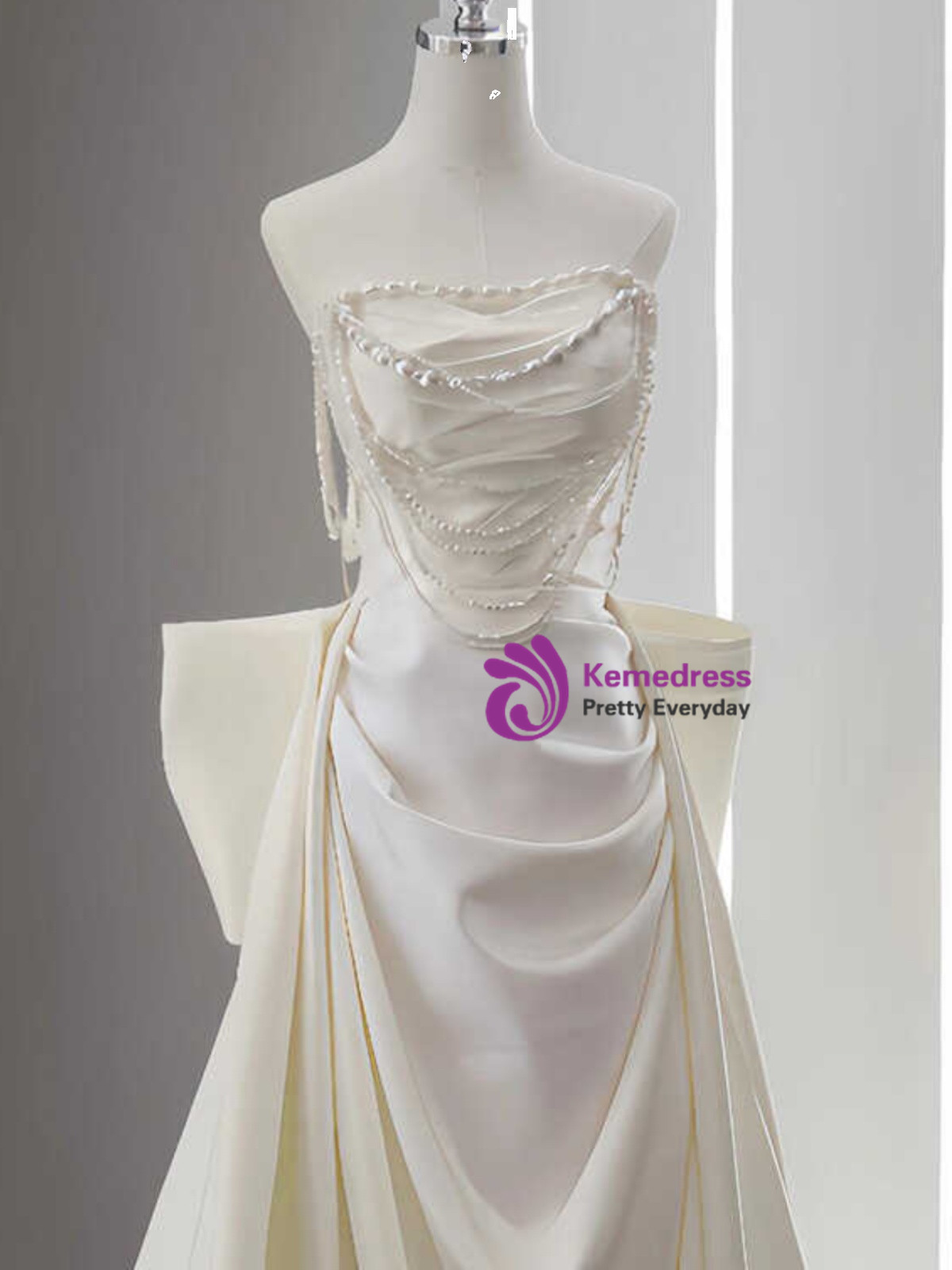 Girlhomeshops-Ivory white bow satin long wedding dress prom dress gh5389