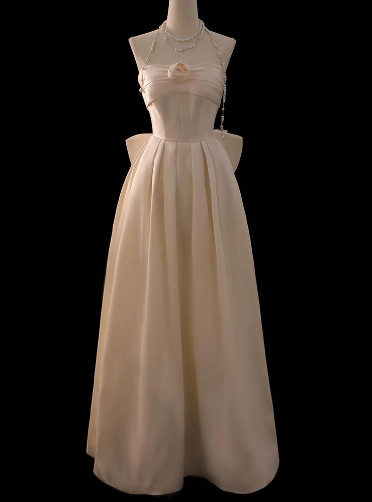 Girlhomeshops-Ivory white bow satin long wedding dress prom dress gh5389 main image 1