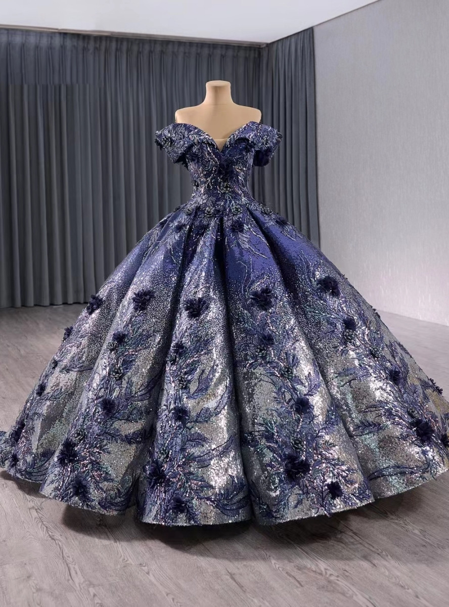 Navy Blue Sparkly Off-the-Shoulder Ball Gown Dress, Sweetheart Long Prom Dress
