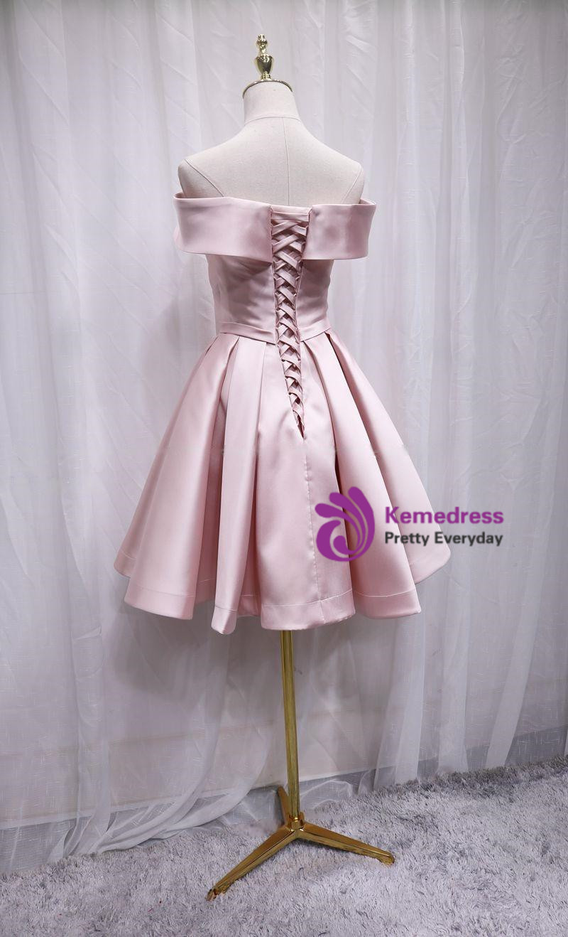 Pink V-Neck Pleated Satin Short Homecoming Dress With Pockets  PD278