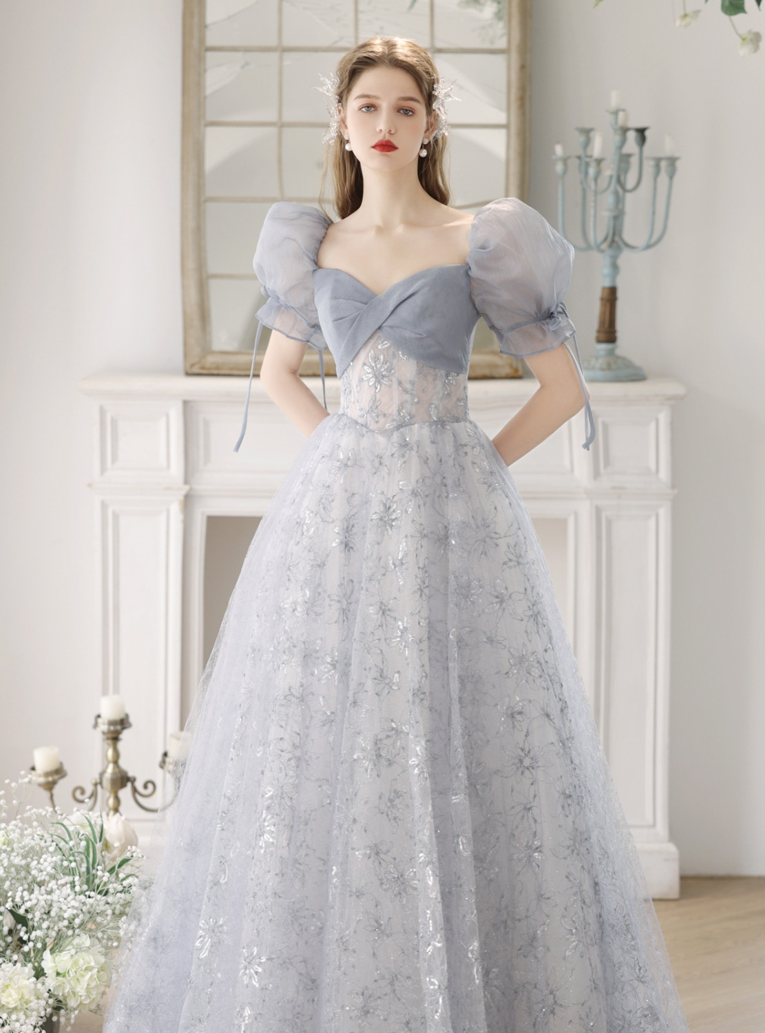 Light Blue Puff Sleeve Sheath Prom Dress with Pearls