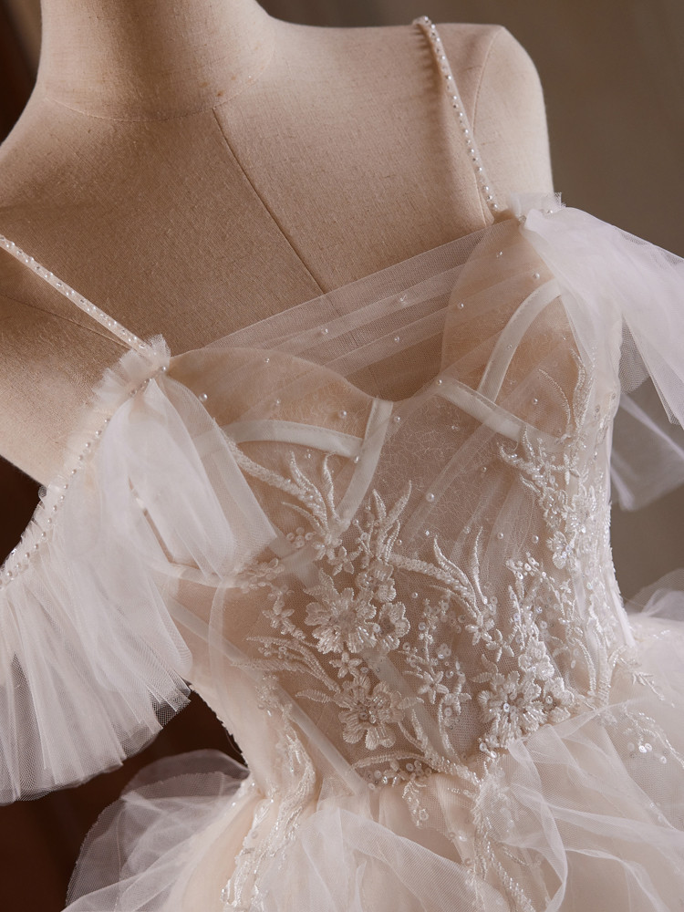 Tulle Pleated Bodice Spaghetti Straps Dresses White