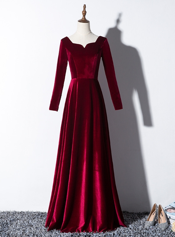 Cicinia Burgundy Prom Dresses With Sleeves Long Velvet Sheath V-neck Floor Length main image 1