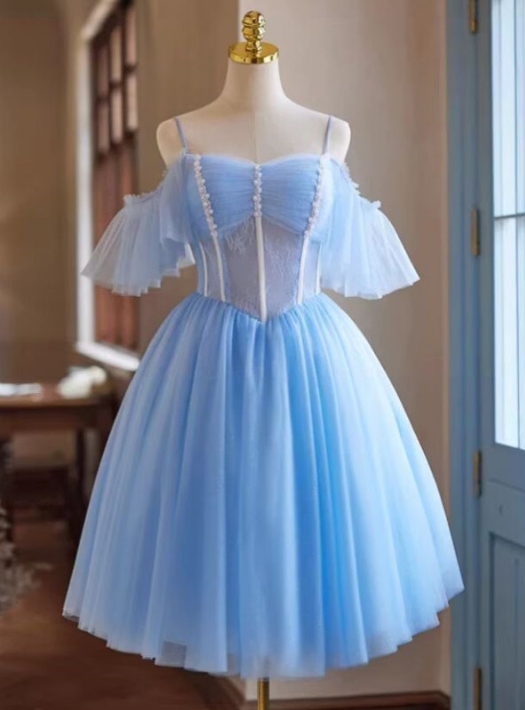 A Line Spaghetti Straps Beading Blue Short Tulle Homecoming Dress LBQH0158 main image 0