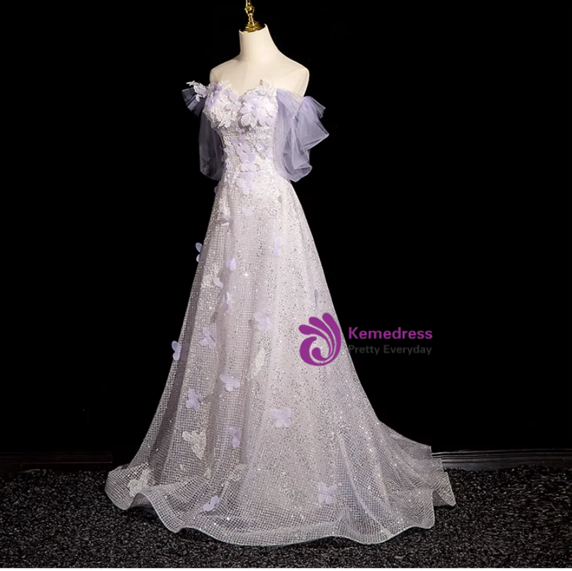 Off The Shoulder Long Sleeve Purple Sequin Prom Dress