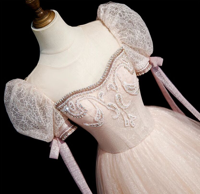 Blue Tulle Puff Sleeve Beading Sequins Formal Prom Dress
