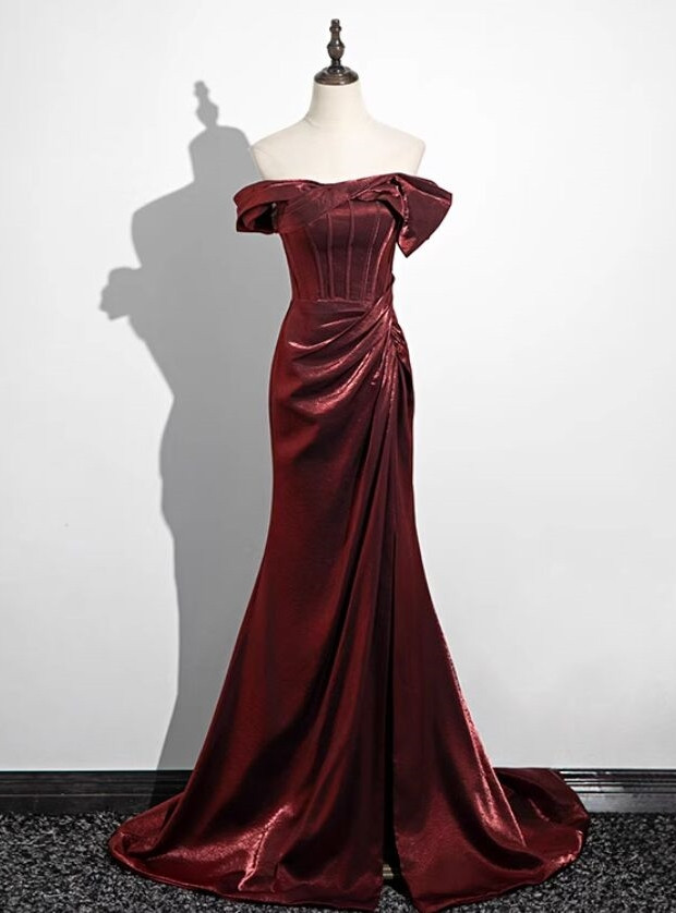 8643 Burgundy Off-Shoulder Mermaid Dress