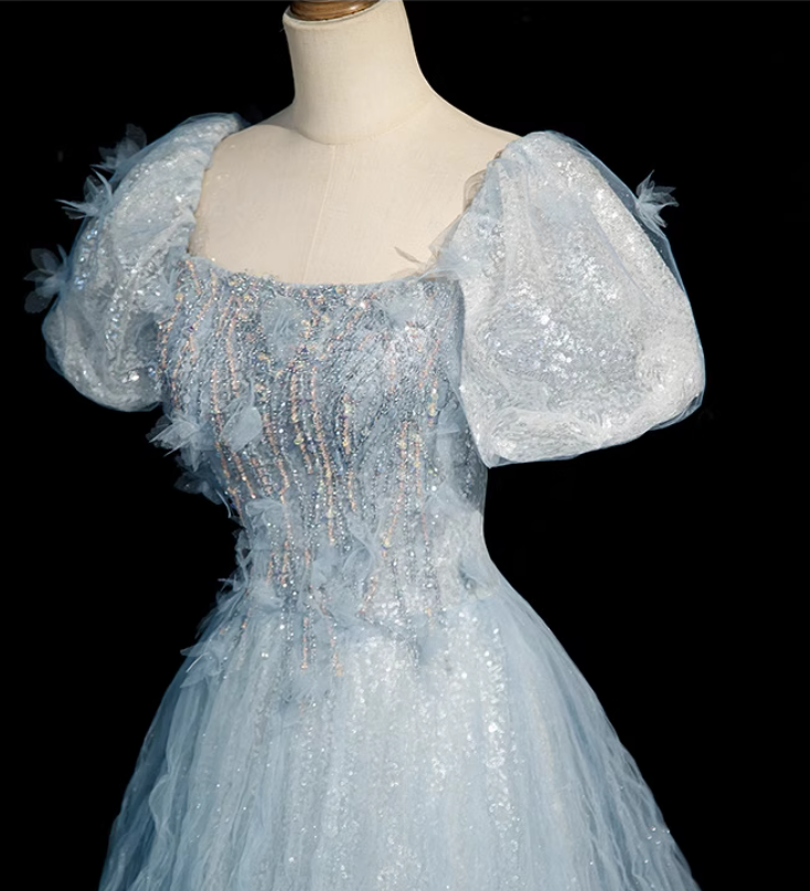 Blue Tulle Puff Sleeve Beading Sequins Evening Prom Dress main image 1