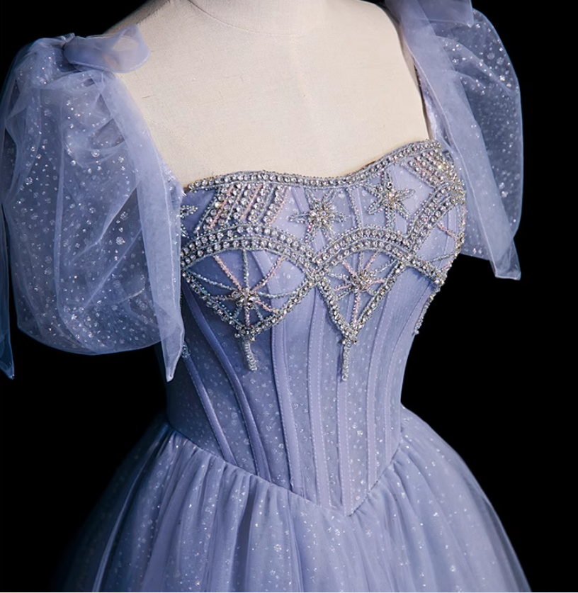 Blue Tulle Puff Sleeve Beading Sequins Evening Prom Dress