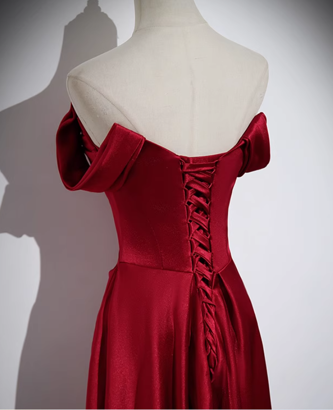 Off Shoulder Backless Satin Dress With Slit Burgundy