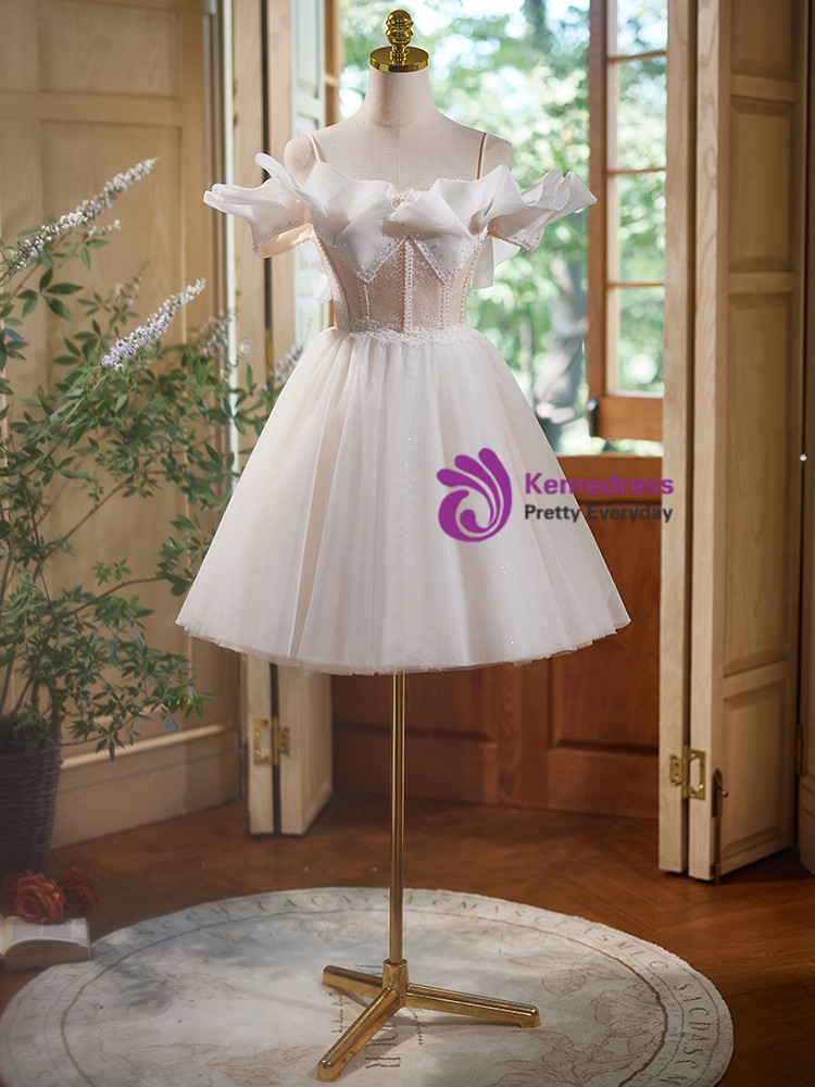 White Lace 3D Flower Spaghetti Straps Homecoming Dress main image 1
