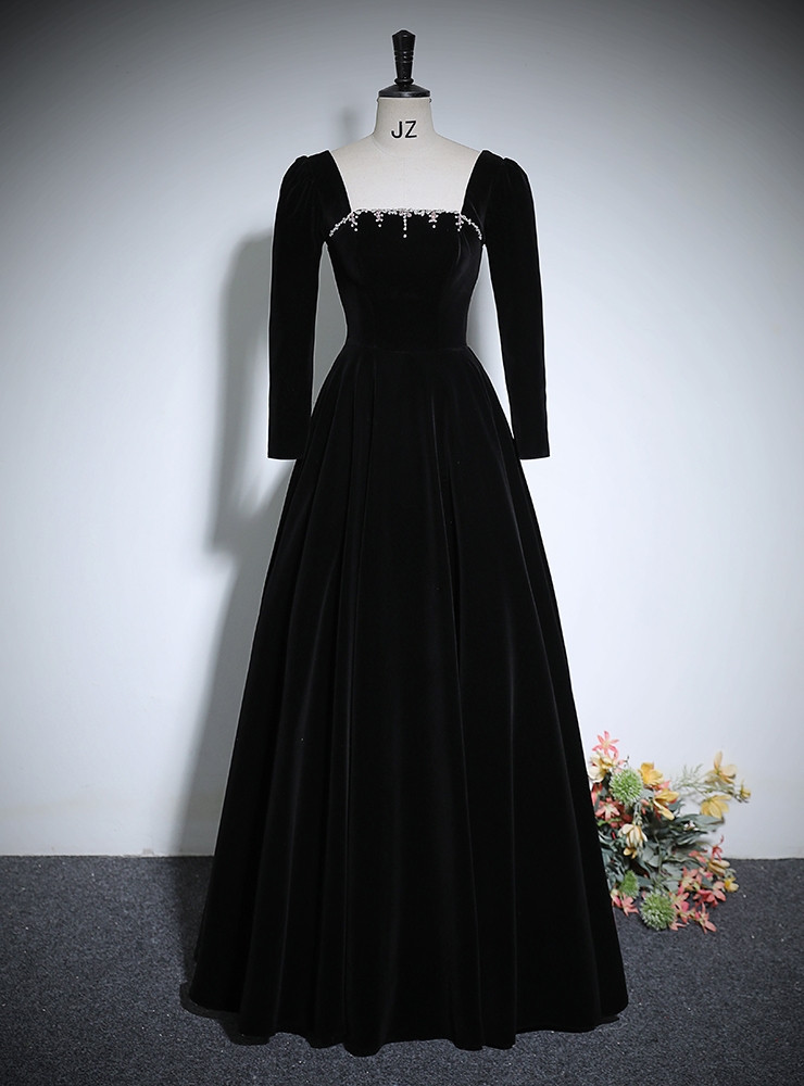 Black Velvet Layers Strapless Long A-line Prom Dress, Black Velvet Formal Dress main image 1
