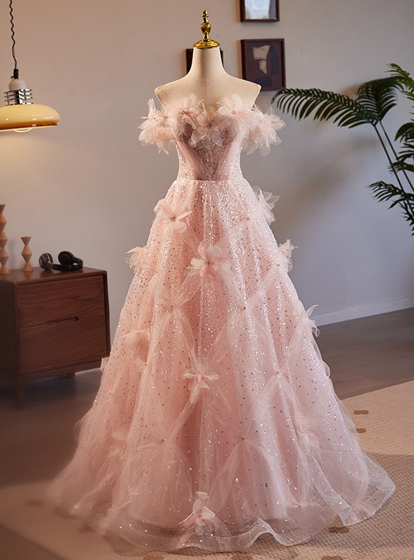Sheath Off Shoulder 3D  Flower Appliques Satin Prom Dress WU1695