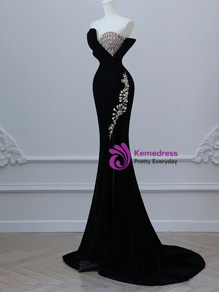 Classy Green Velvet Satin Prom Dress Strapless Evening Gown Y7725 main image 1
