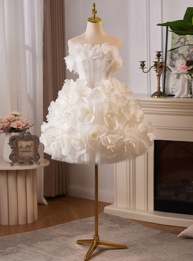 Classy White Tulle 3D Rose Flowers A Line Short 21st Birthday Outfits Formal Homecoming Dress SP172 main image 1