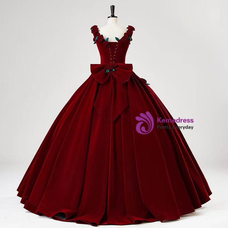 Burgundy Velvet Straps 3D Flower Prom Dress