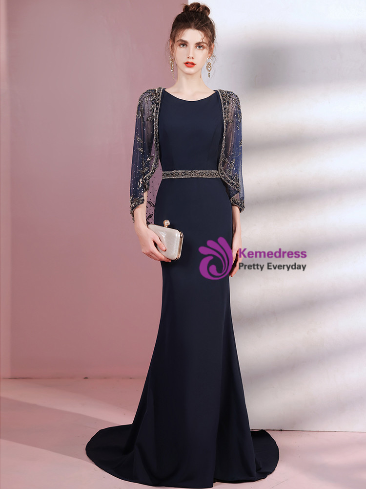 Wholesa Mermaid V-Neck Long Navy Blue formal dresses evening gown Prom Dress With Beading