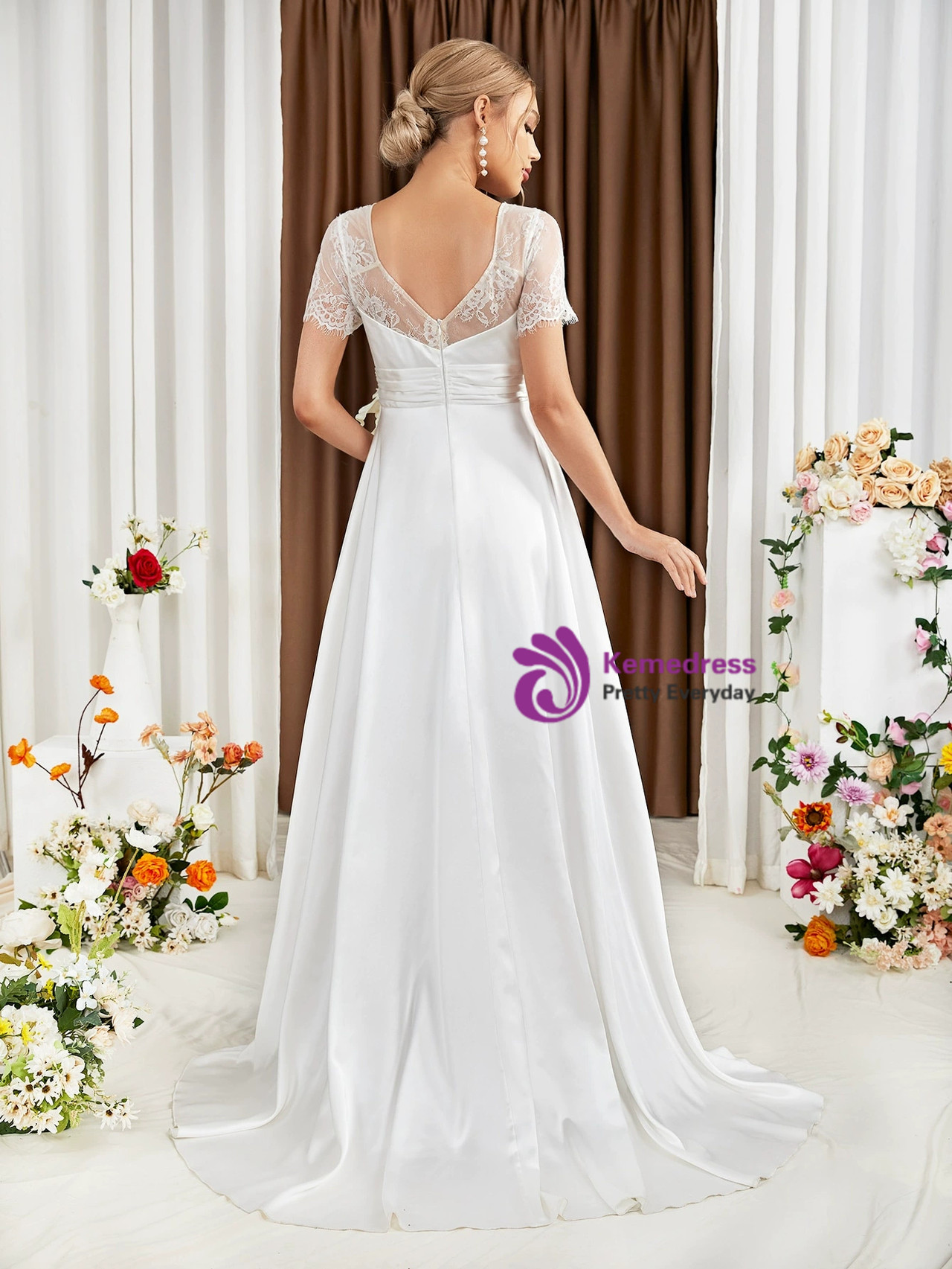 White Chiffon V-neck Short Sleeve Bridesmaid Dress