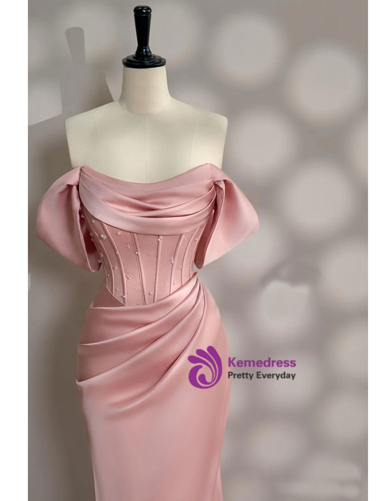 Split Front Rose Petal Pink Mermaid Prom Dress with Off-The-Shoulder main image 1