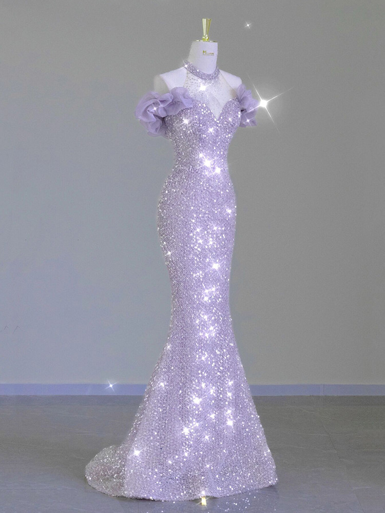 Sexy Purple Halter Appliques Lace Mermaid Evening Gown JTE137