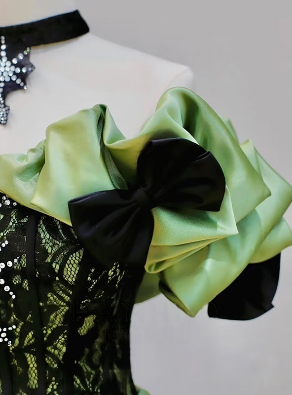 A Line Off the Shoulder Satin Beadings Green Prom Dresses LBQ3253
