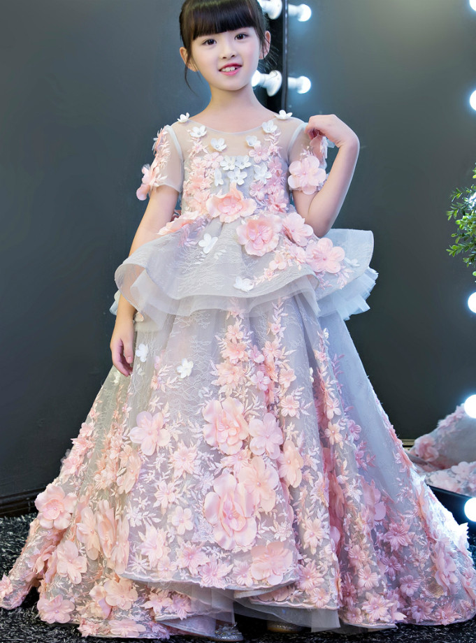 Ball Gown Short Sleeves Rhinestone Flower Appliques Girl Party Dress with Feathers