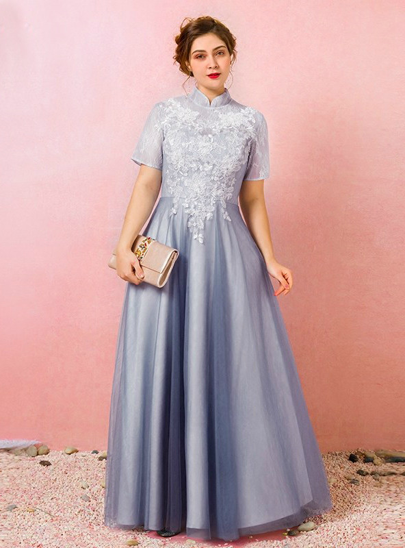 A-line Long Sleeves Plus Size Floor Length Crystals Tulle Prom Dresses