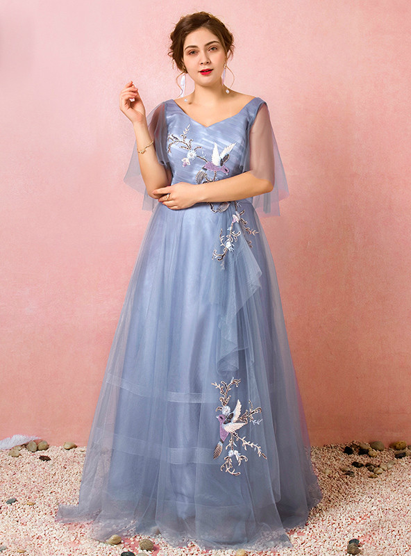 V-neck Long Lace Prom Dresses Dusty Blue Plus Size