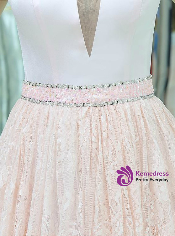 Lace and Tulle Floor Length Dress with V neck Candy Pink
