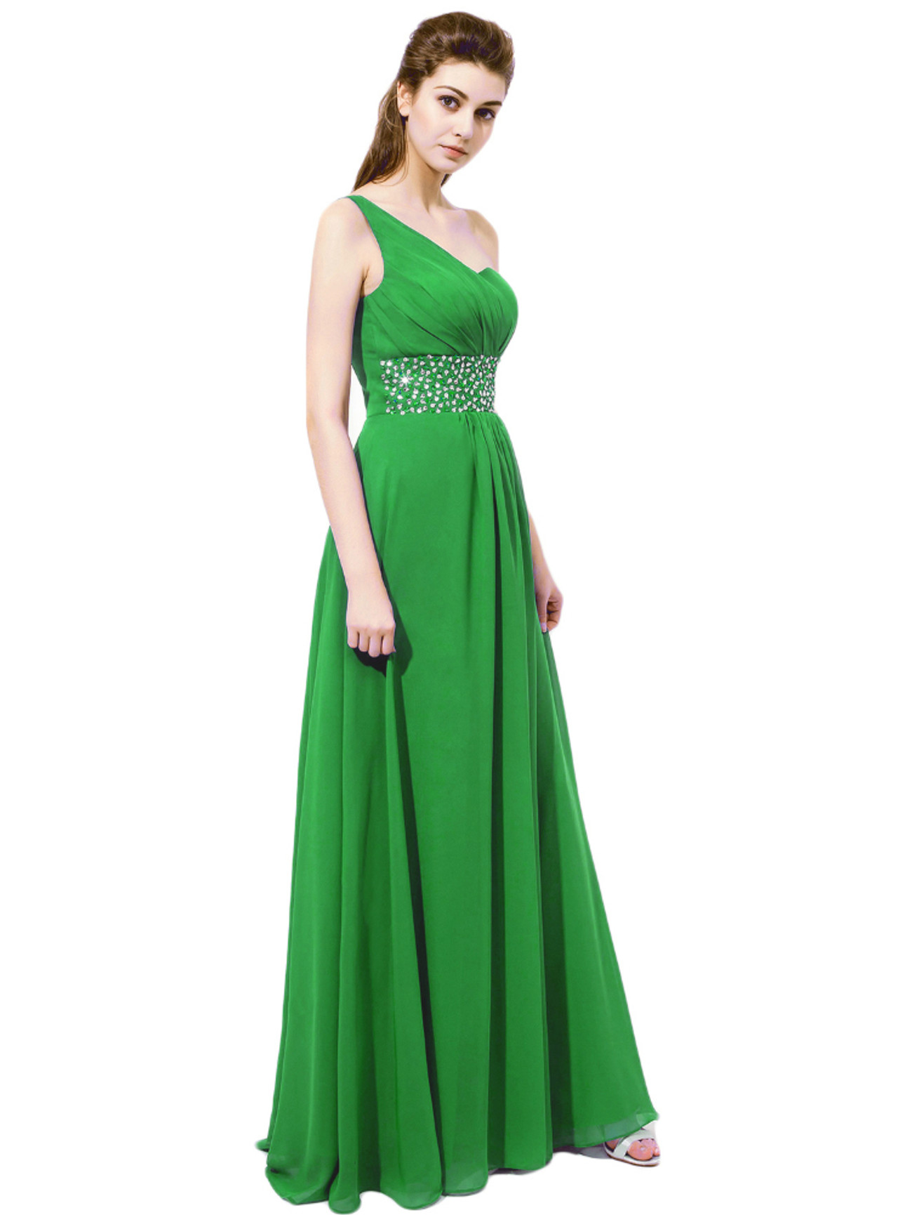 Green One Shoulder Chiffon Floor Length Bridesmaid Dress