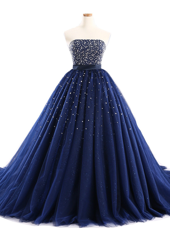 Navy Blue High Neckline Ball Gown Tulle Party Dress, Shiny Tulle With Lace Prom Dress
