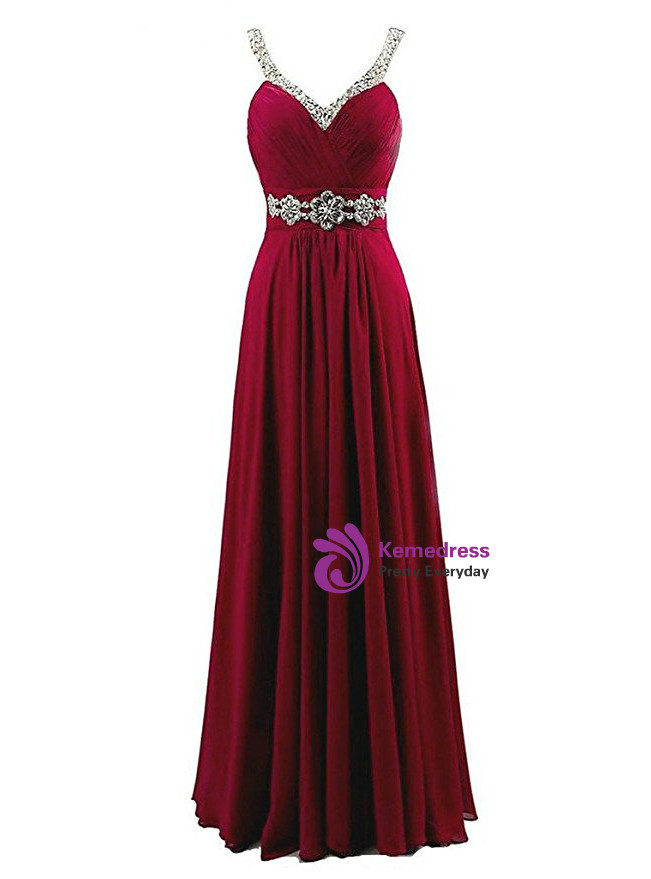 Pleated V-neck Chiffon A-Line Dress With Beading Chocolate