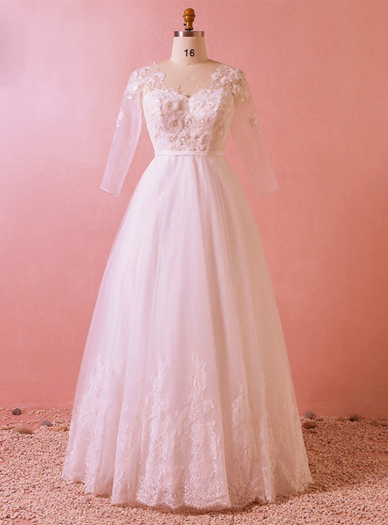Elegant Tulle Long Sleeves Backless Plus Size Lace Wedding Dress, PW150