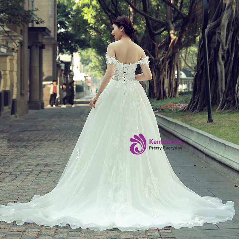 White Satin Tulle V-neck Backless Appliques Wedding Dress main image 1