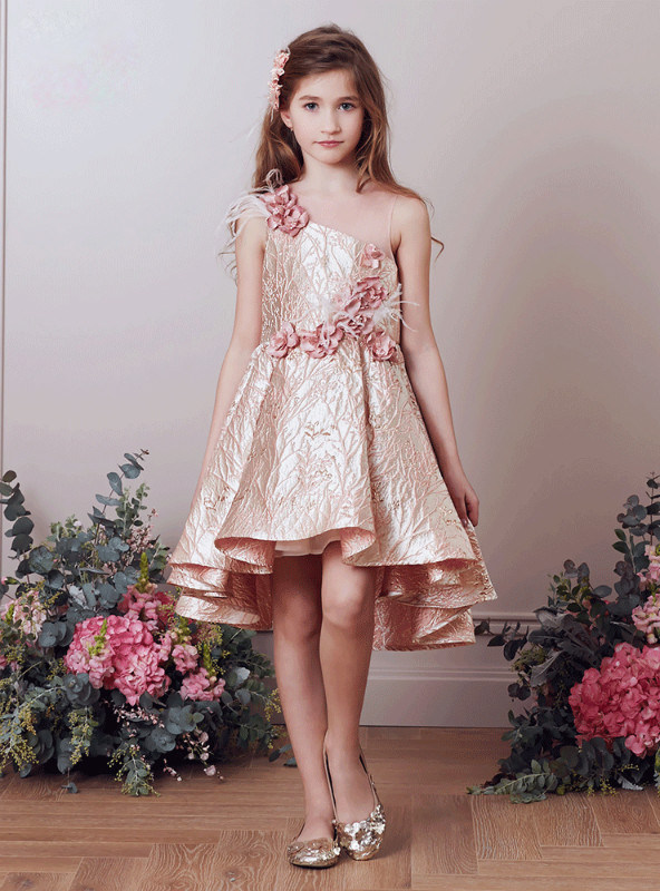 Scoop Pleated Knee-Length Girl's Dress Gold