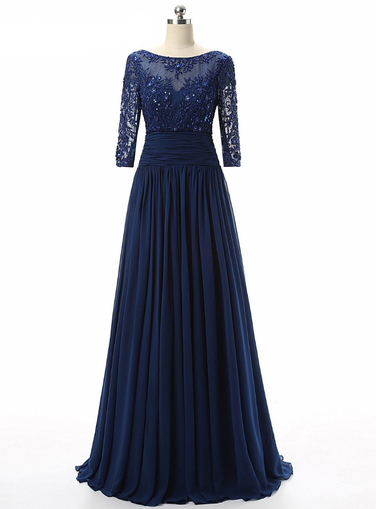 Navy Blue Chiffon V-Neck Tassel Sleeves Long Mother of the Bride Dress