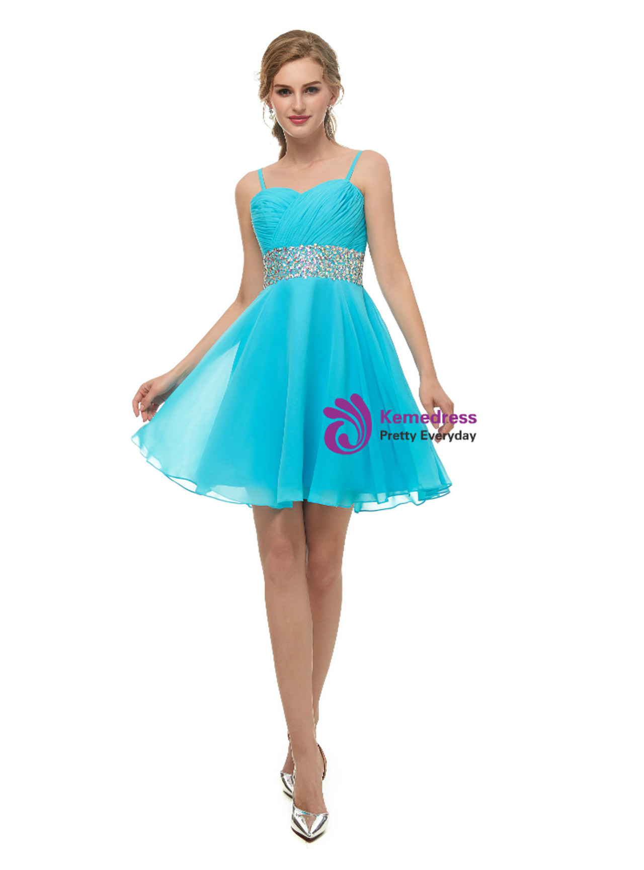 Blue Chiffon Spaghetti Straps Homecoming Dress With Crystal