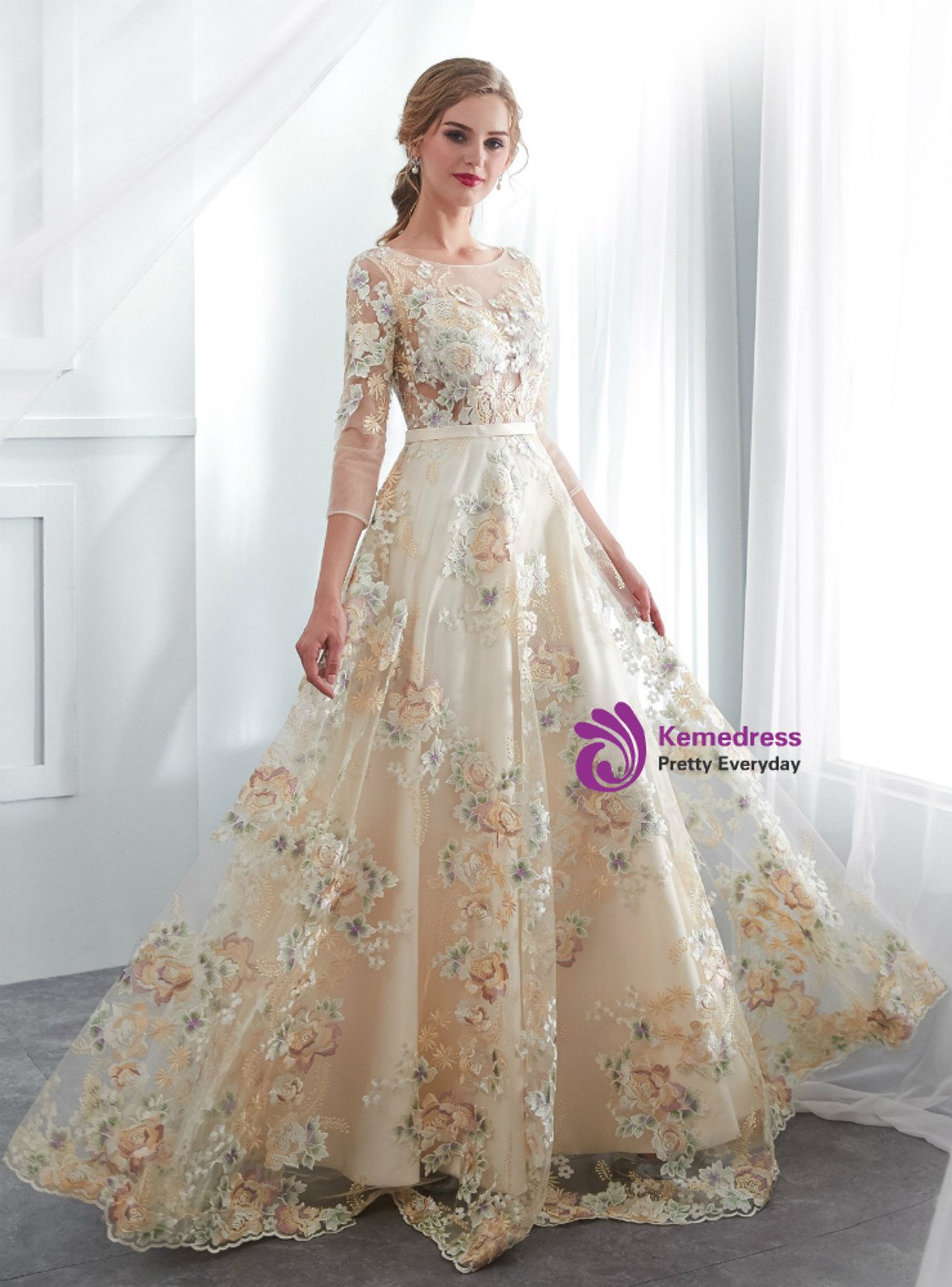 Simple Champagne Tulle 3/4 Sleeve Print Floor Length Wedding Dress