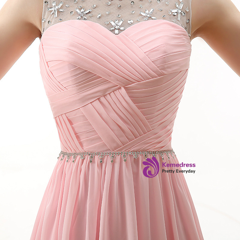 Iona | Pink Pleated Chiffon A-line Long Prom Dress