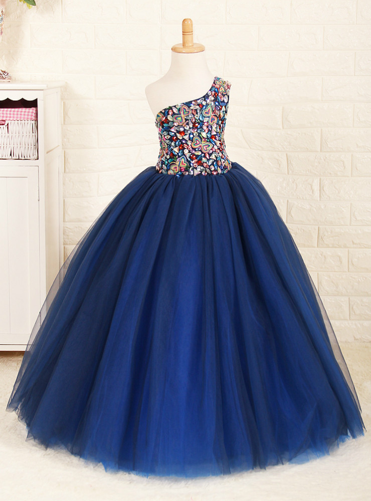 One Shoulder with Flower Flower Girl Dress Sky Blue