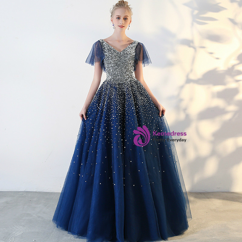 Gorgeous V Neck Blue Tulle Beaded Sequin Appliques Quinceanera Dress Sweet 16 Dress