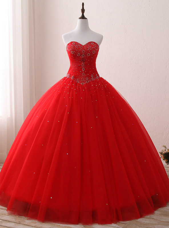 Red Ball Gown Tulle Sweetheart Neck Sweet 16 Dresss With Beading main image 0